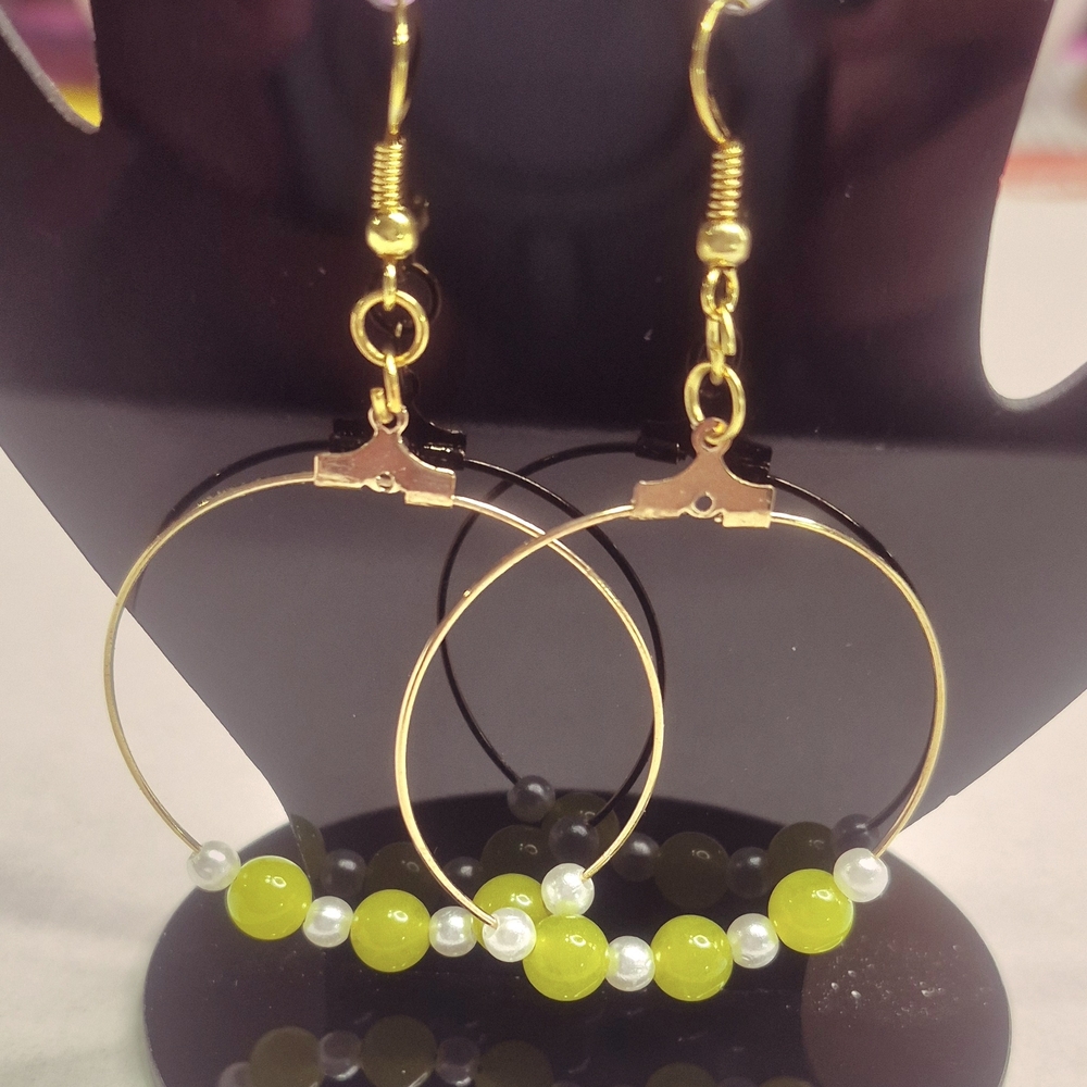 Gold and Lime Green Beaded Earrings w/ Pearls